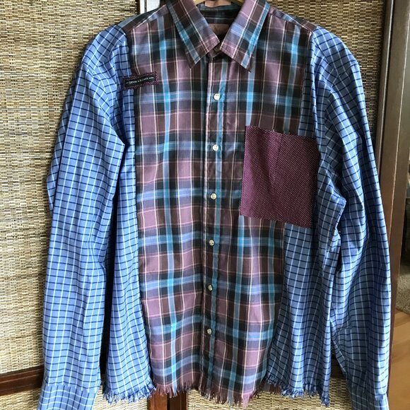 Upcycled Patchwork Button-Down Shirt, Size M-L: Boho Fringed Hem, Mixed Print - Picture 11 of 13